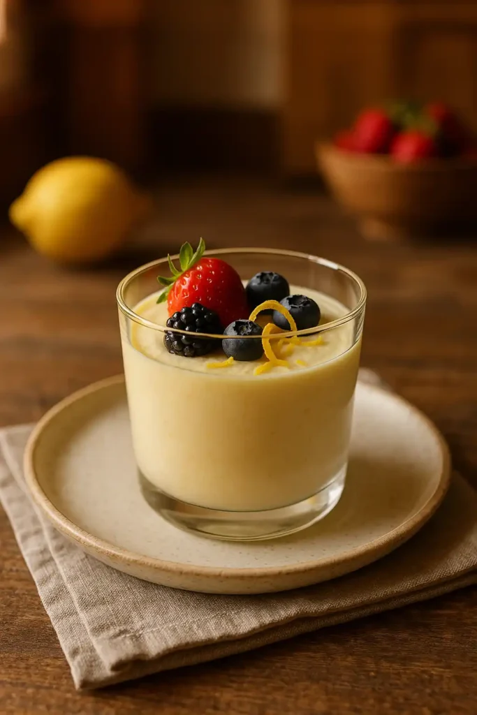 A light and silky Lemon Mousse in a glass cup garnished with fresh berries and lemon zest, cozy home-style dessert