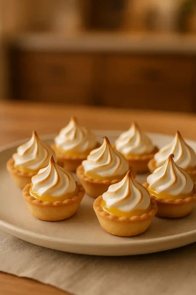Plate of Lemon Meringue Pie Bites with glossy lemon curd and lightly browned meringue, bright and cozy kitchen setting