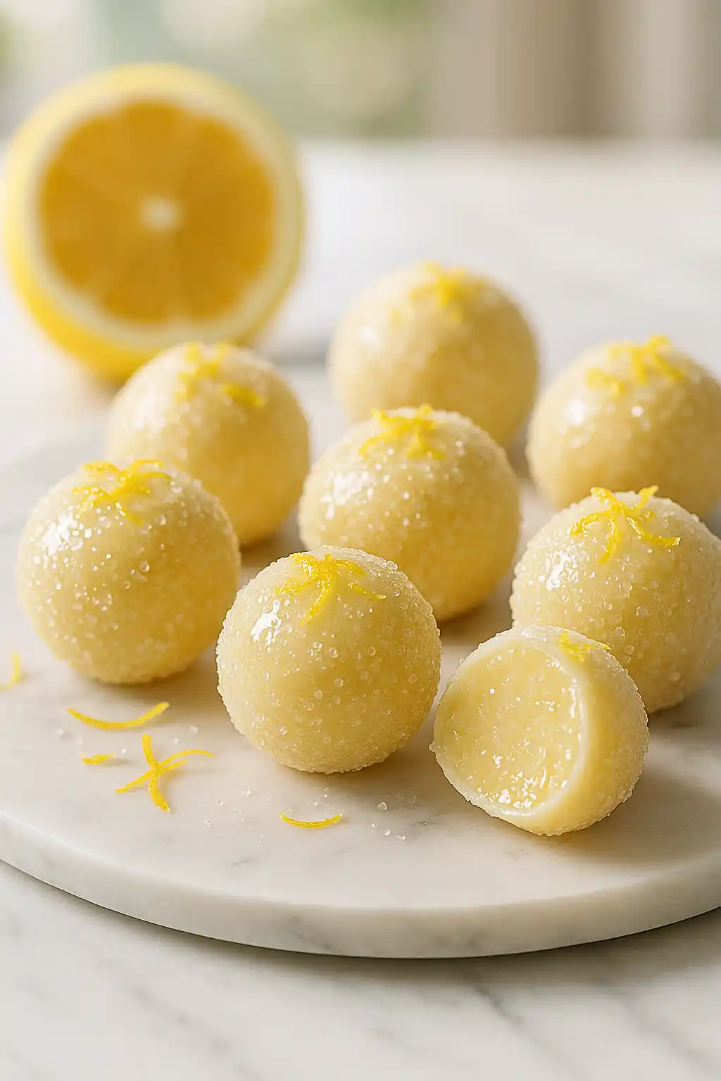 Silky Lemon Truffles with bright lemon zest and powdered sugar, a glossy citrus bite
