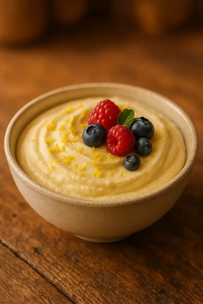 Creamy Lemon Mousse in a glass, garnished with lemon zest and berries, warm home kitchen feel