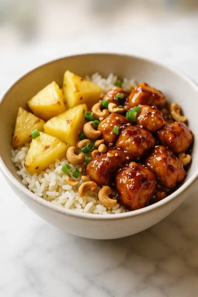 Pineapple Chicken Rice Bowl with glossy sauce, fresh pineapple chunks, and toasted nuts
