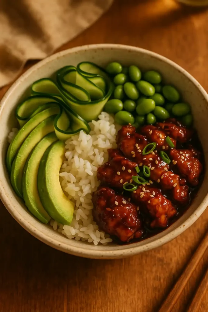 Sticky Chicken Poke Bowl with glazed chicken, rice, avocado, cucumber, and sesame seeds