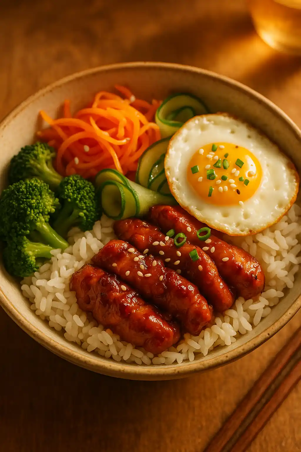 Cozy Korean Chicken Rice Bowl with glazed chicken, sticky rice, pickled carrots and a fried egg, photographed in warm kitchen light