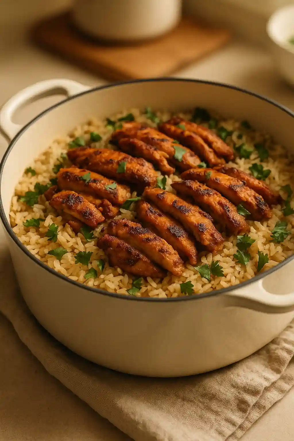 Close up of Chicken Shawarma Rice (One Pot) in a cozy kitchen setting, showing spiced chicken, fluffy rice, and lemon yogurt drizzle
