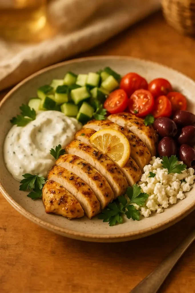 Cozy Greek Chicken Bowl with Tzatziki, lemony chicken and fresh vegetables in a warm kitchen setting