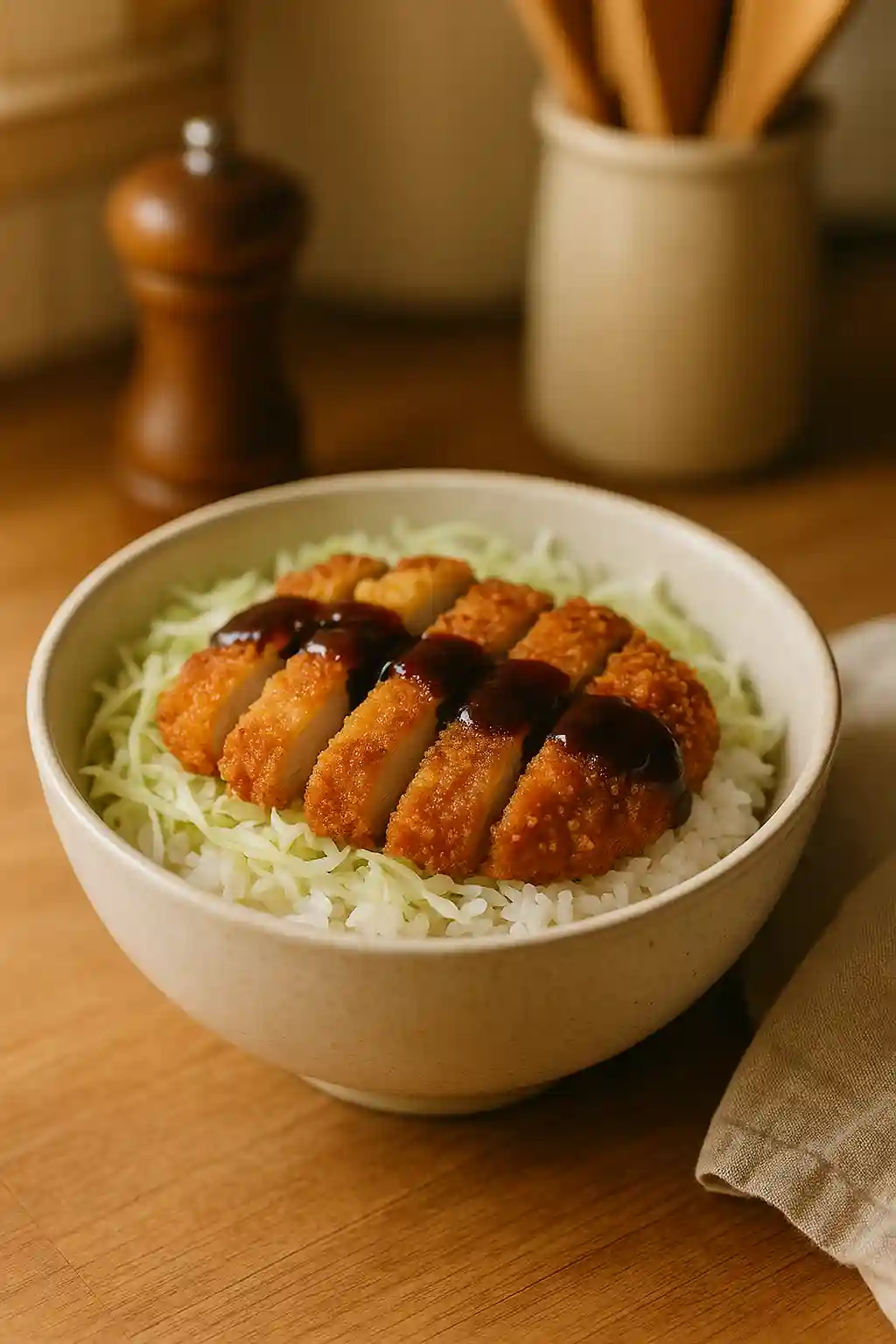 Chicken Katsu Bowl: Simple Crispy Comfort in a Bowl 1 Close-up of a Chicken Katsu Bowl with crispy breaded chicken, steamed rice, shredded cabbage, and tonkatsu sauce