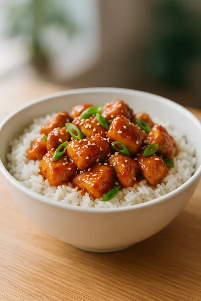 Honey Sriracha Chicken Rice Bowl with glossy sticky sauce over jasmine rice, garnished with scallions and sesame seeds