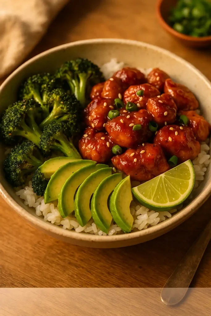 Hot Honey Chicken Bowl with glazed chicken, rice, roasted broccoli, avocado, and sesame, a warm family meal