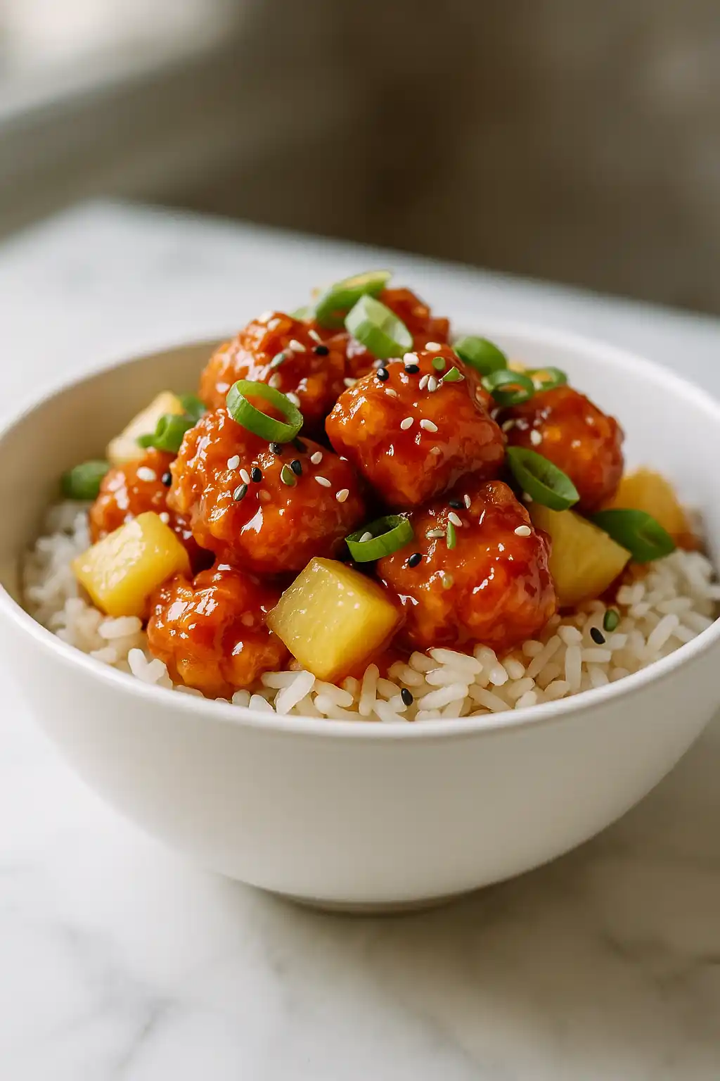 Sweet & Sour Chicken Rice Bowl with sticky pineapple sauce over jasmine rice, garnished with scallions and sesame seeds