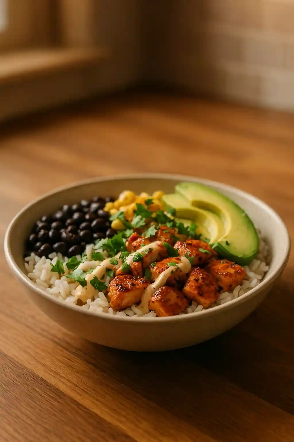 Chipotle Chicken Rice Bowl with rice, black beans, corn, avocado, and creamy sauce, cozy weeknight meal