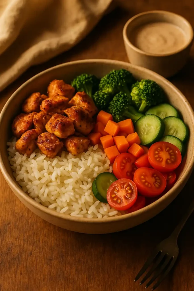 Warm close-up of a High-Protein Chicken Rice Bowl with seasoned chicken, fluffy rice, and colorful vegetables, showing cozy home-style comfort