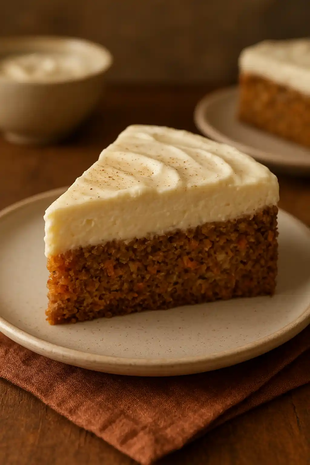 A cozy slice of Carrot Cake Cheesecake on a plate, showing creamy cheesecake layer and spiced carrot cake, warm kitchen lighting