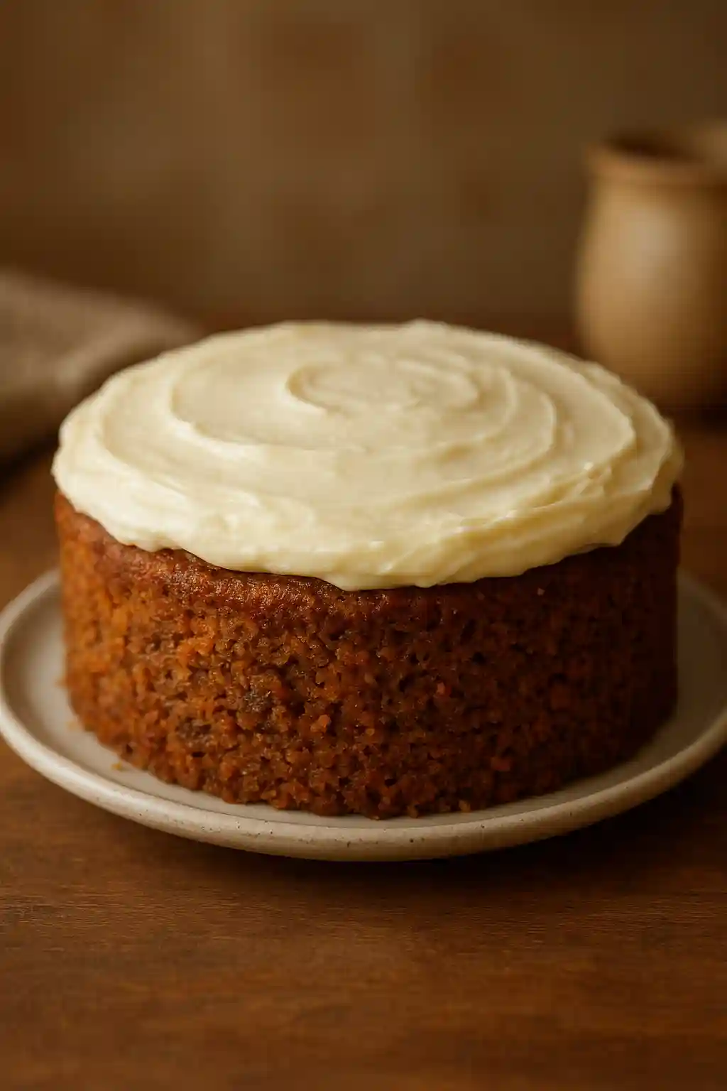 A warm slice of Gordon Ramsay’s Carrot Cake with cream cheese frosting on a plate, moist texture and cozy kitchen background