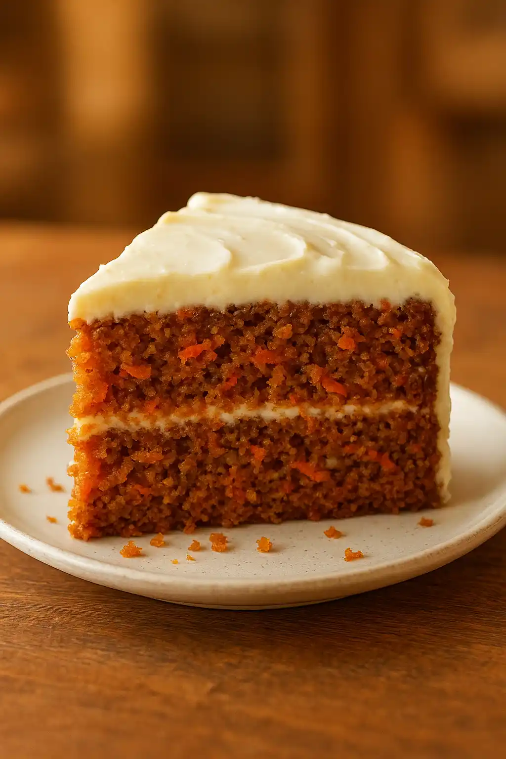 Slice of Starbucks Carrot Cake Copycat Recipe with cream cheese frosting on a small plate, warm cozy kitchen setting