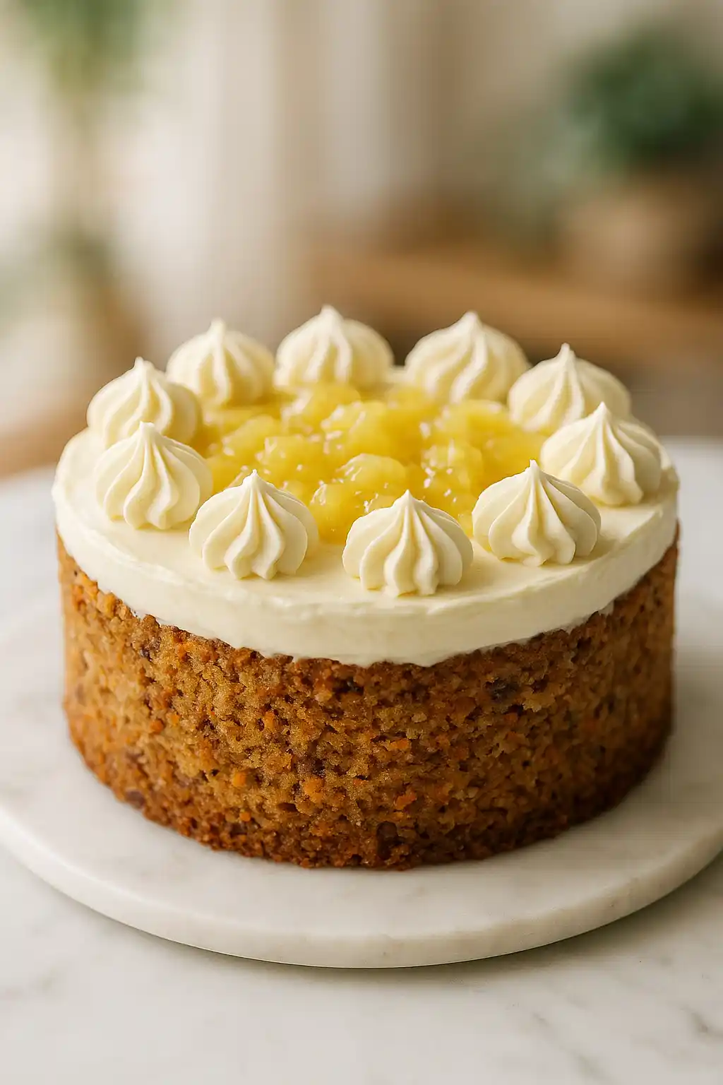 Pineapple Carrot Cream Cake slice showing moist carrot layers and glossy pineapple cream frosting, bright and inviting dessert photo
