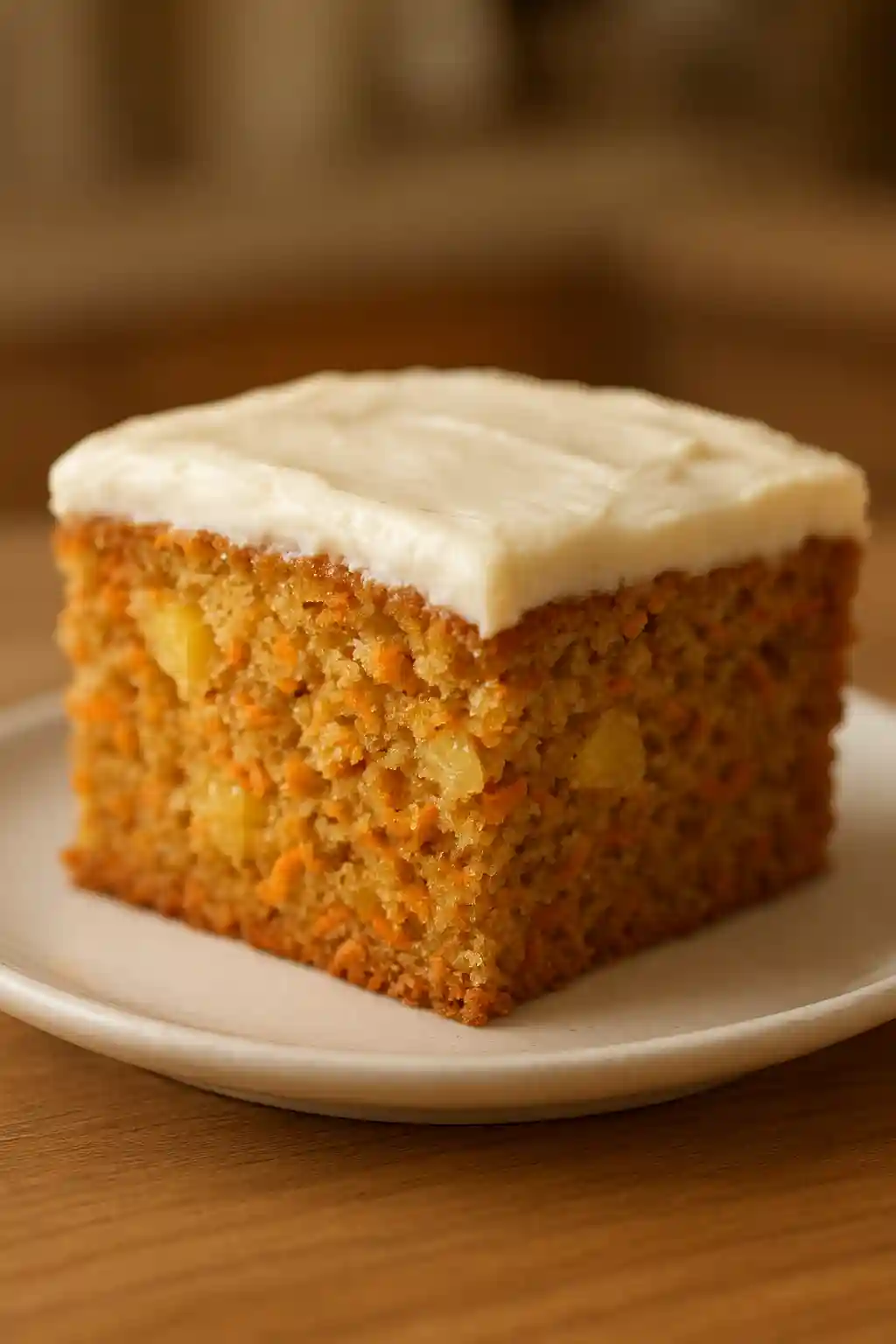 Slice of Hawaiian Carrot Pineapple Cake with cream cheese frosting, moist crumb, and visible pineapple pieces