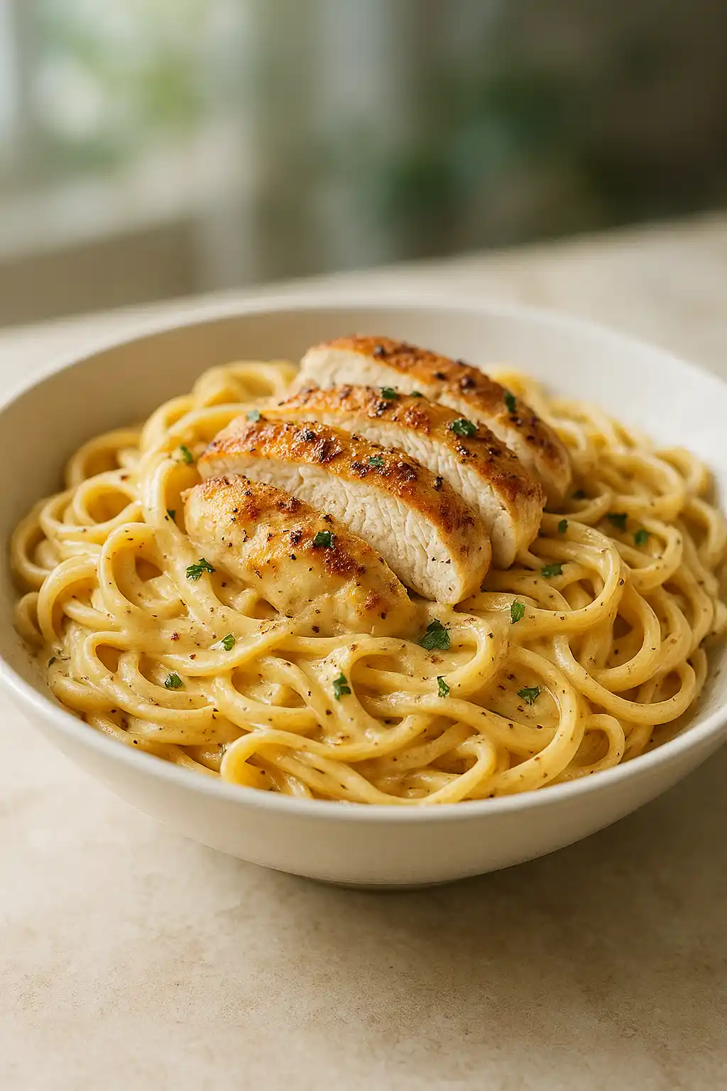 Creamy Chicken Pasta in a glossy garlic cream sauce with golden seared chicken and toasted breadcrumbs, a perfect bowl of comfort