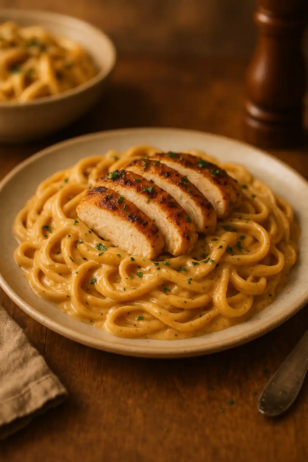 Plate of Creamy Cajun Chicken Pasta in warm kitchen light, comforting and family-friendly