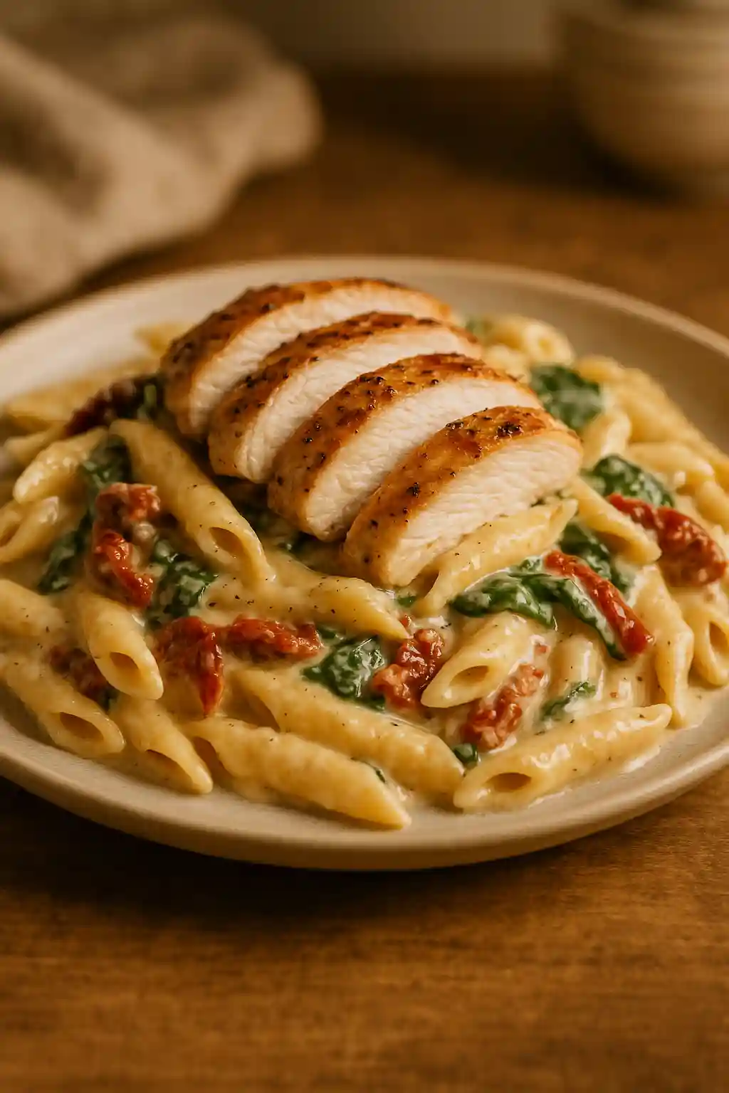 Close-up of a creamy Tuscan Chicken Pasta with sun-dried tomatoes and spinach, plated in a cozy kitchen setting