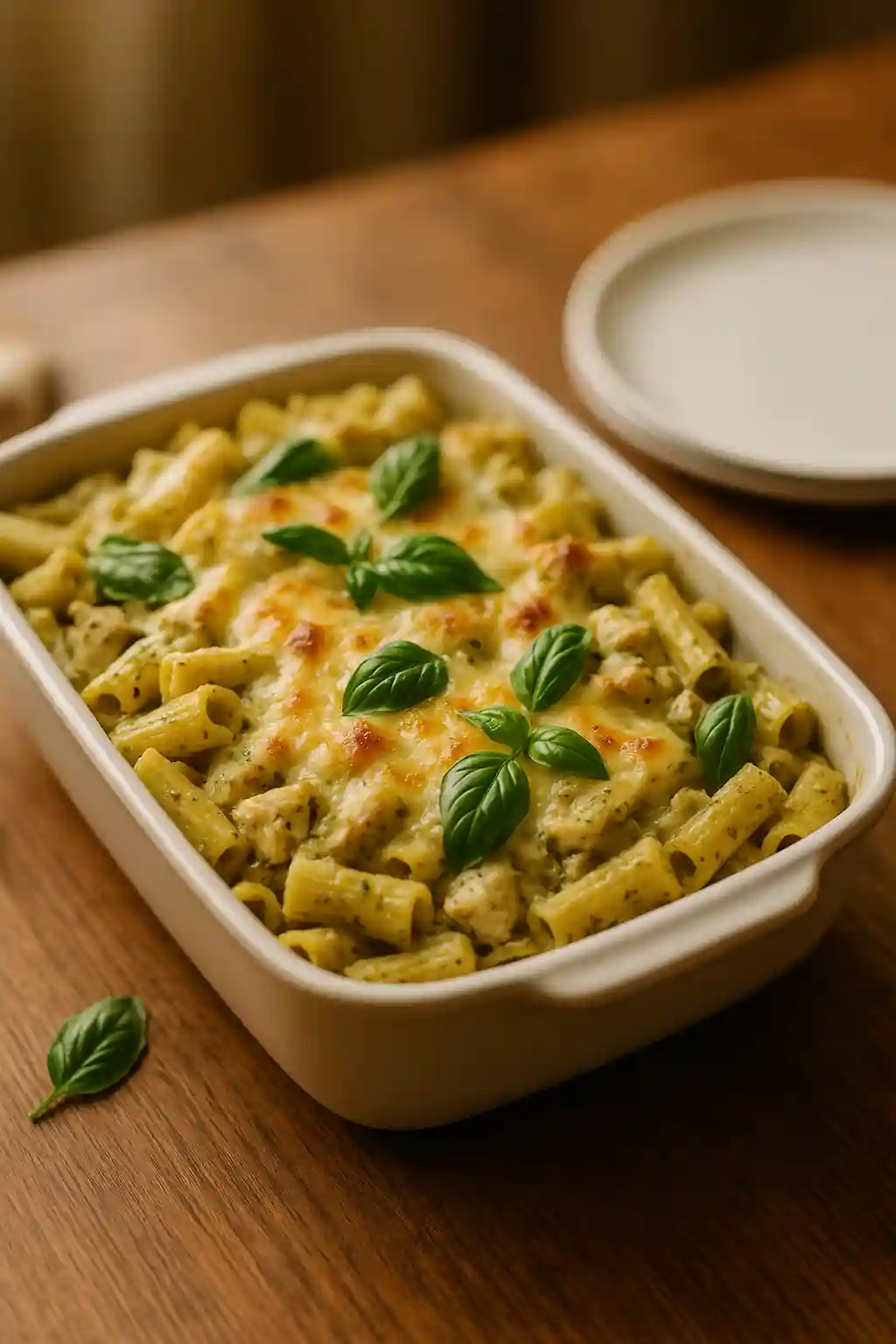 Close-up of a Creamy Pesto Chicken Pasta Bake, golden cheese and basil on top