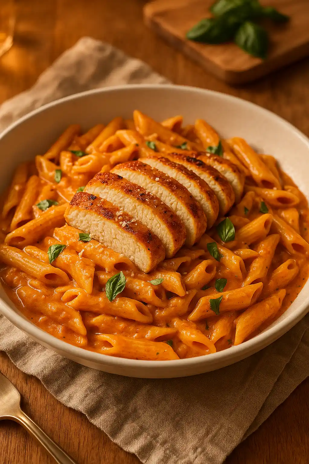Plate of creamy Marry Me Chicken Pasta with seared chicken, Parmesan, and basil in a warm kitchen setting