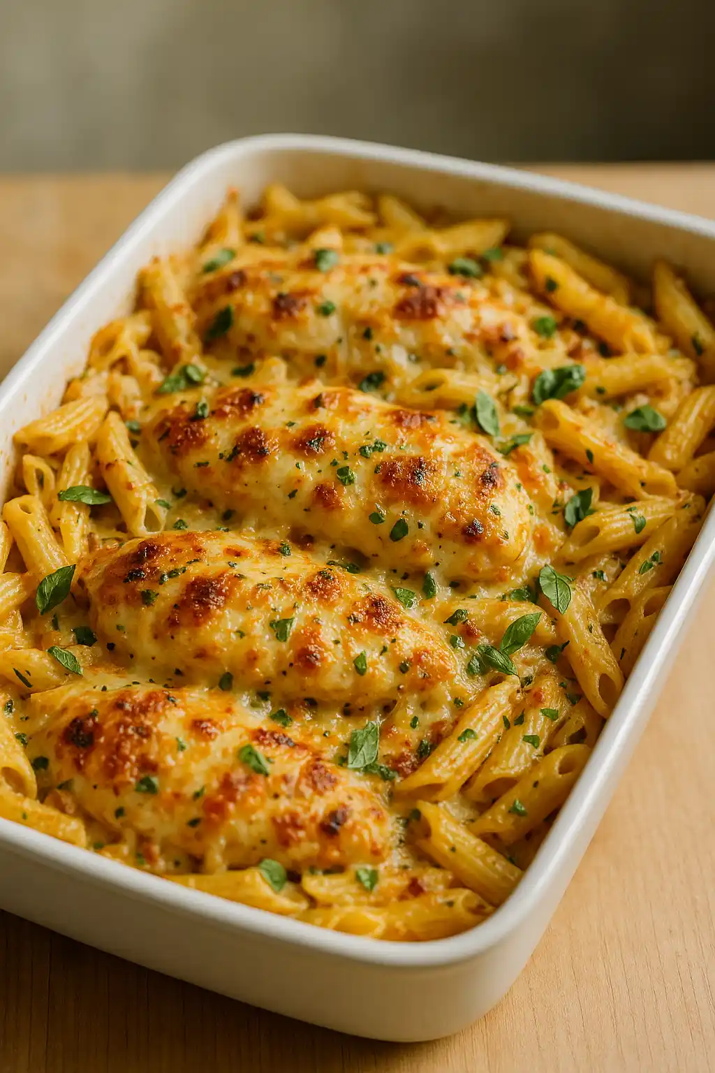 Marry Me Chicken Pasta Bake with gooey cheese and golden breadcrumb topping for a comforting dinner