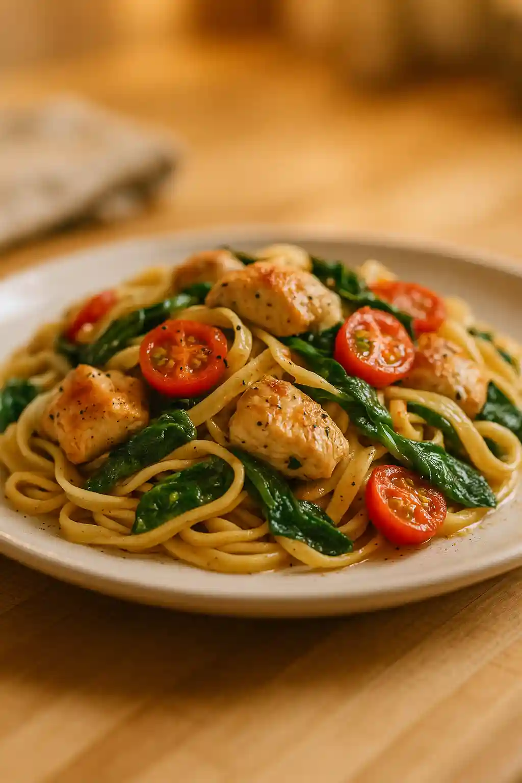 Tomato Spinach Chicken Pasta, a warm and simple weeknight dish with tomatoes, wilted spinach, and tender chicken