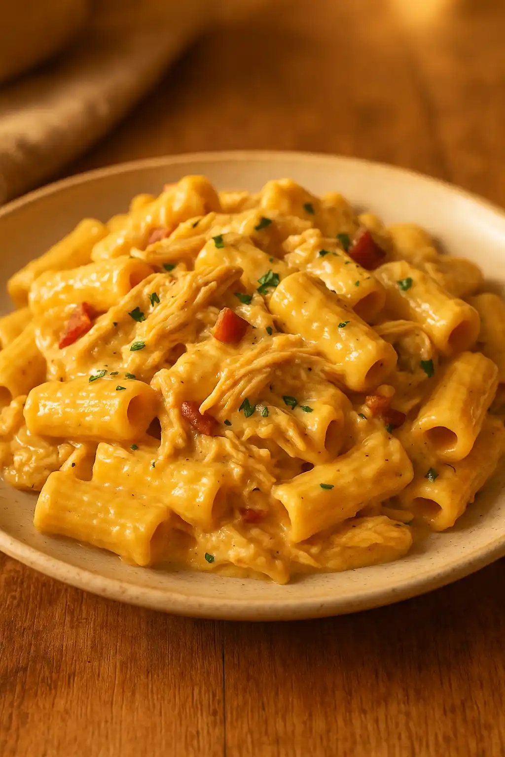 Crack Chicken Pasta in a warm bowl, creamy cheesy sauce and shredded chicken in a cozy home kitchen