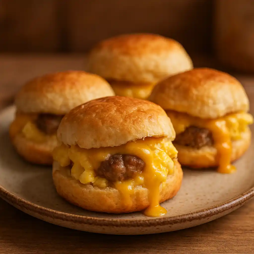 Quick & Delicious Sausage Egg Breakfast Rolls for Busy Mornings 1 Cozy plate of Quick & Delicious Sausage Egg Breakfast Rolls with melty cheese and warm golden eggs, photographed in soft kitchen light