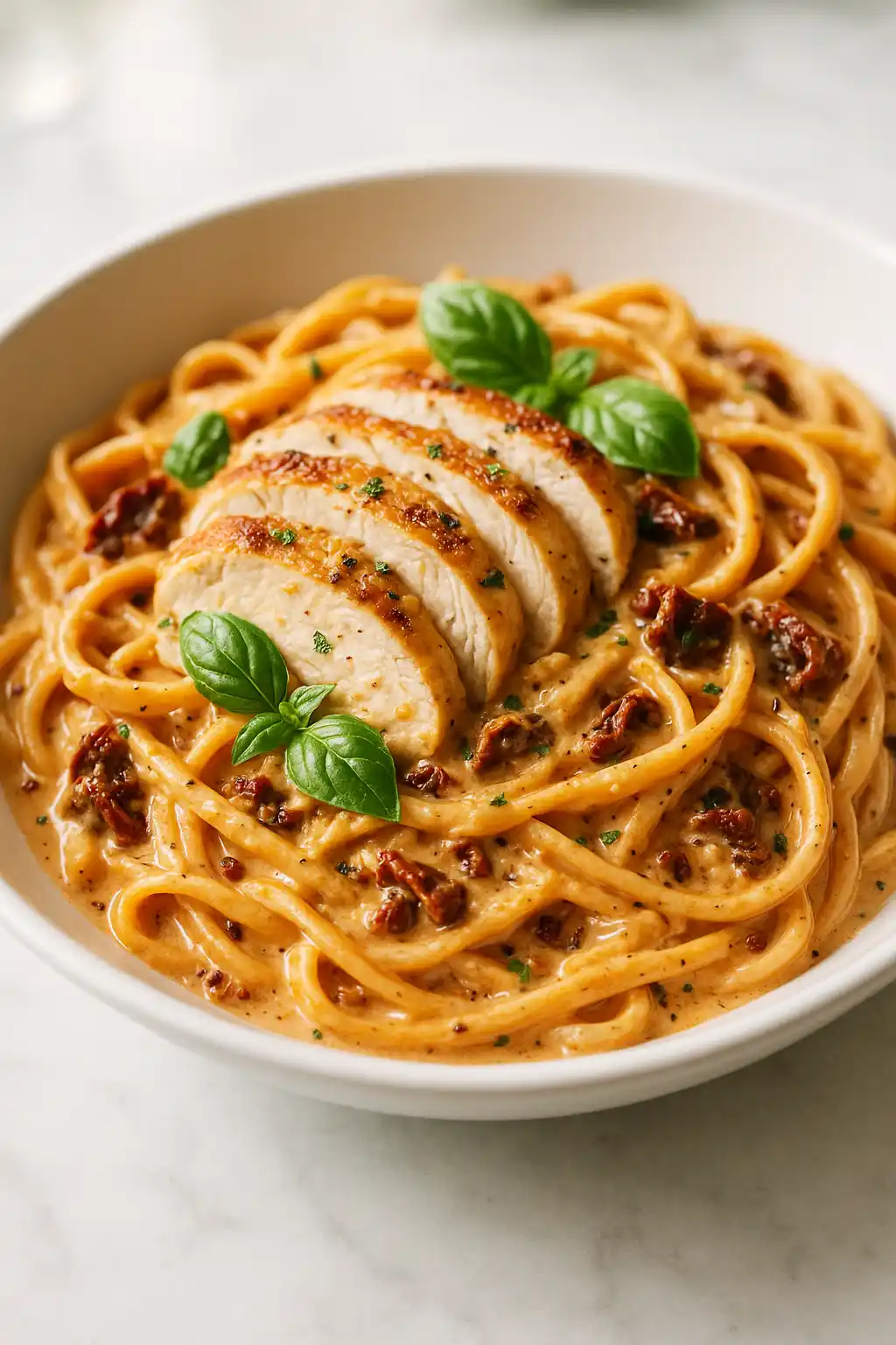 Creamy Sun-Dried Tomato Chicken Pasta plated with fresh basil and grated parmesan