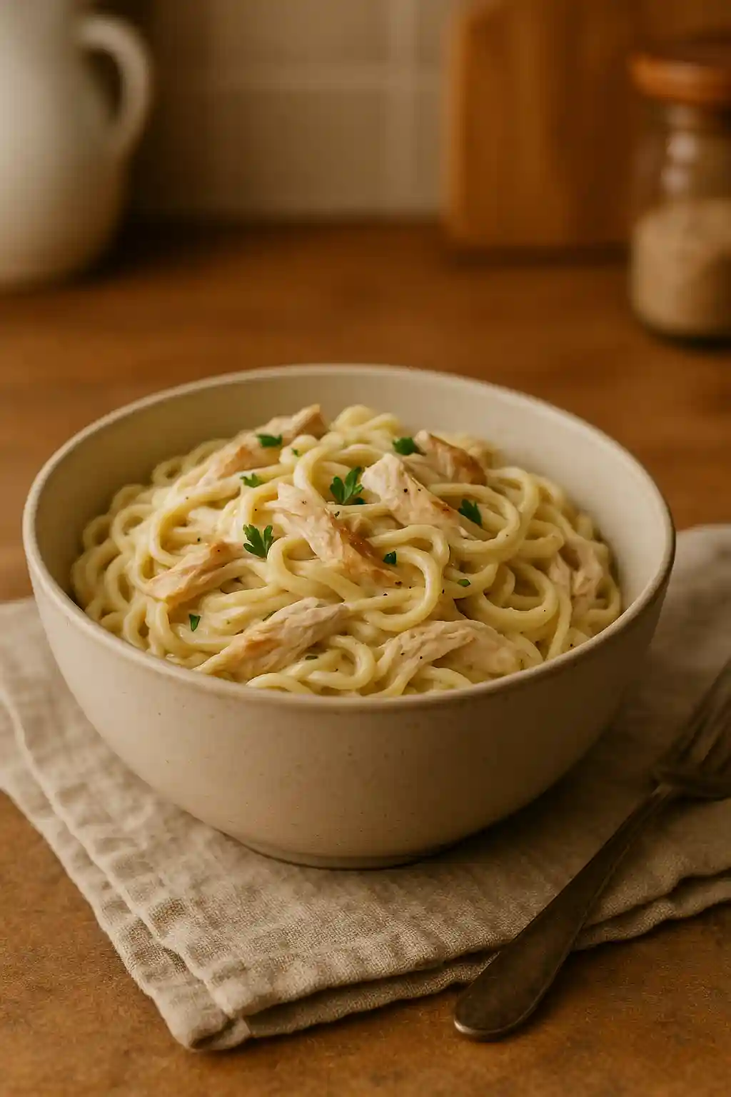Bowl of Creamy Rotisserie Chicken Pasta, warm and comforting home meal