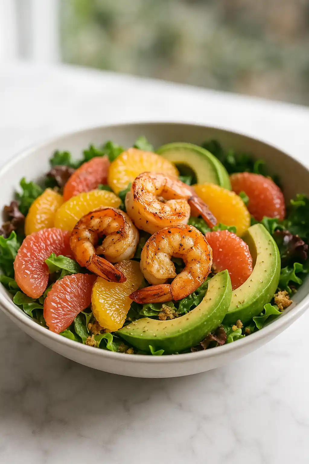 Citrus Shrimp and Avocado Salad with seared shrimp, segmented oranges and grapefruit, and avocado on a bed of greens