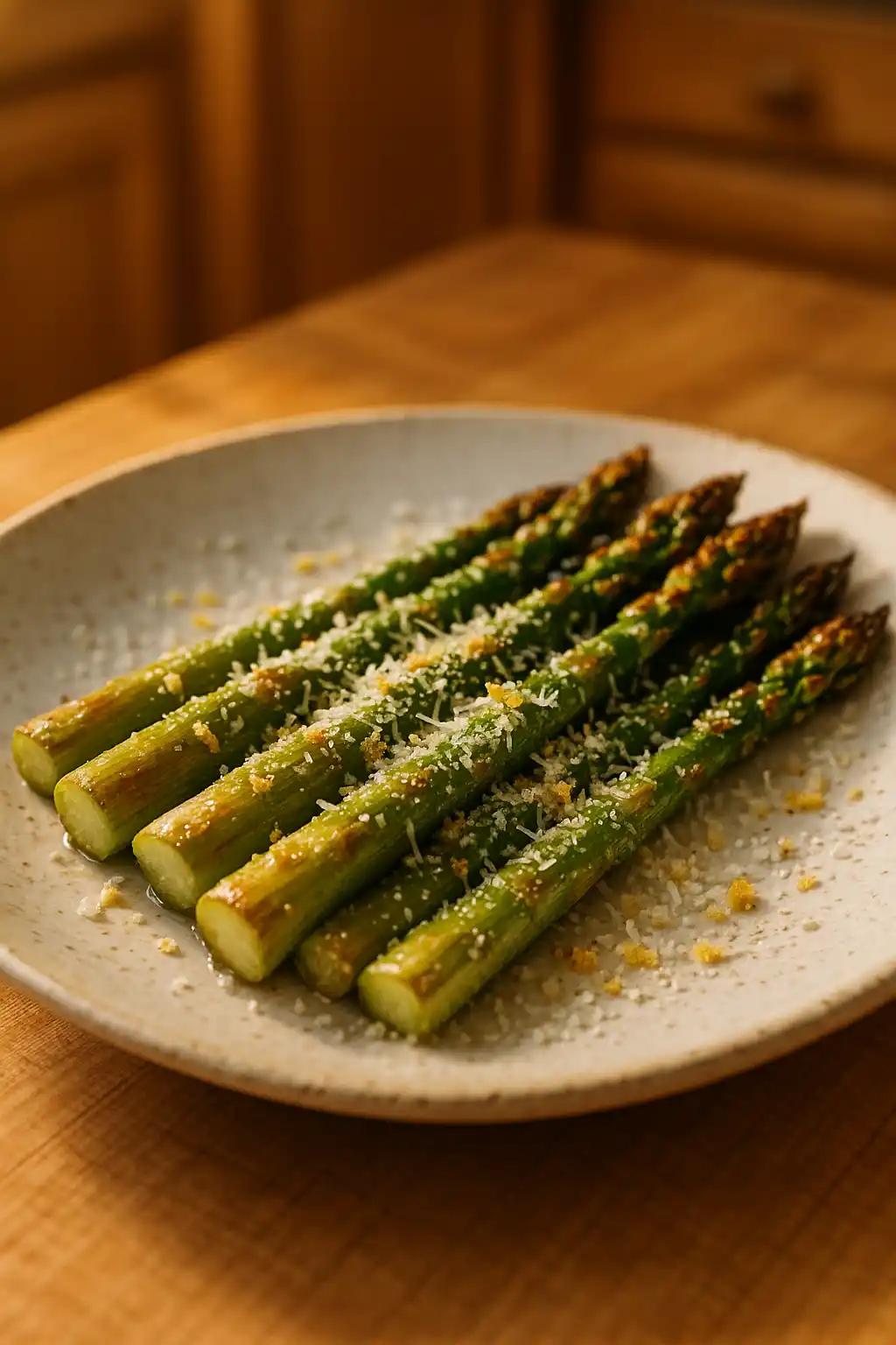 Parmesan Roasted Asparagus on a plate, bright lemon zest and golden Parmesan, warm family-friendly side