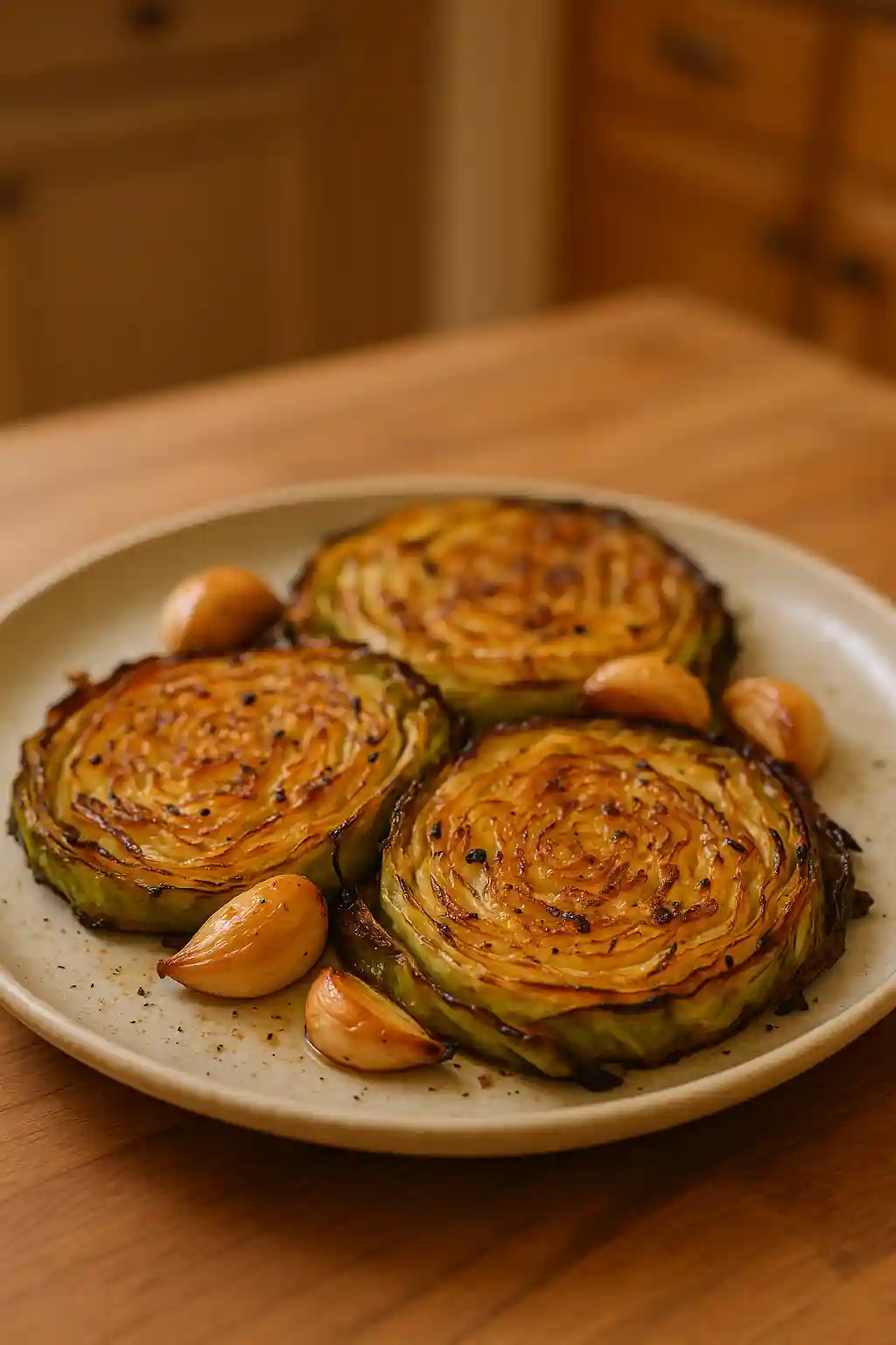 Roasted Garlic Cabbage Steaks on a simple plate with caramelized edges and roasted garlic, a cozy home-cooked dish