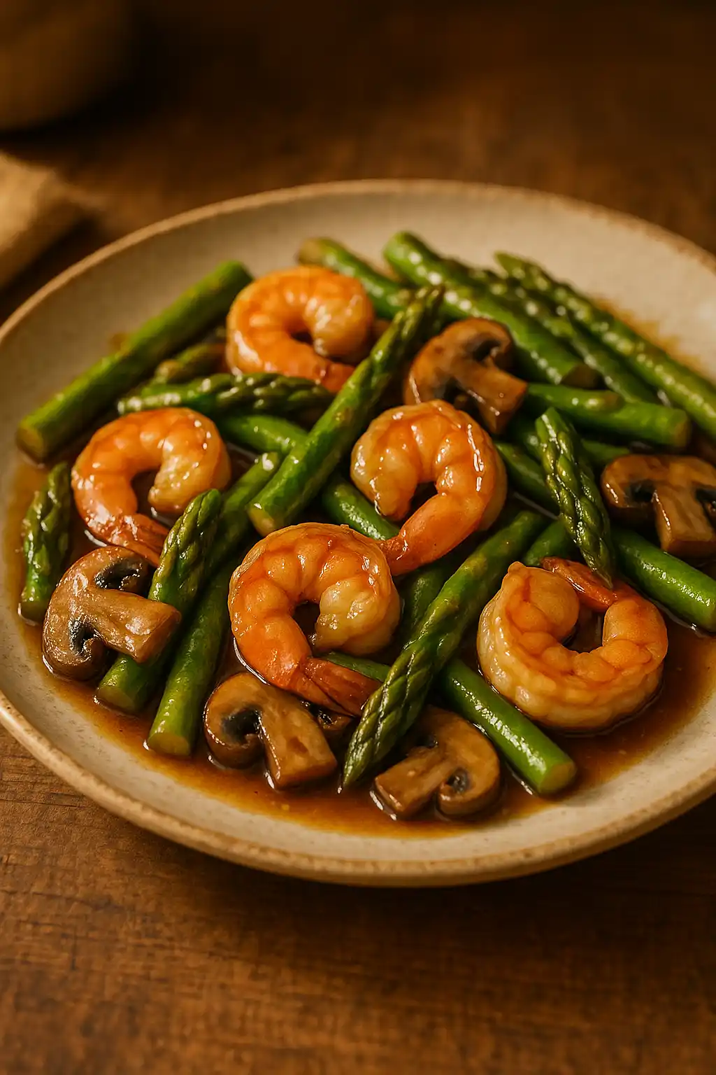 Close-up of Shrimp and Asparagus Stir-Fry with Mushrooms in a warm kitchen setting