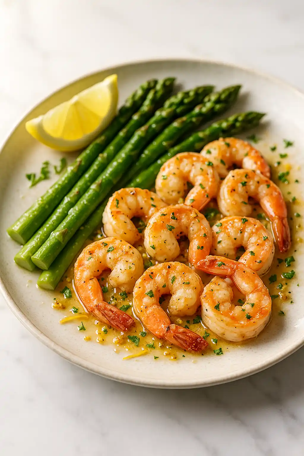 Lemon Garlic Shrimp and Asparagus in a glossy lemon butter sauce with bright lemon zest