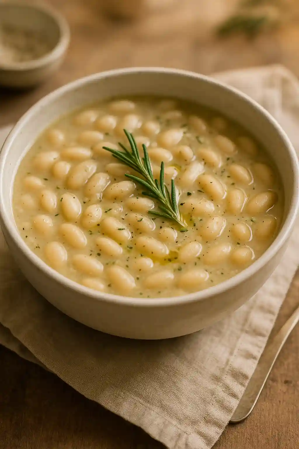Bowl of Rosemary & Garlic White Bean Soup with a rosemary sprig, cozy kitchen setting
