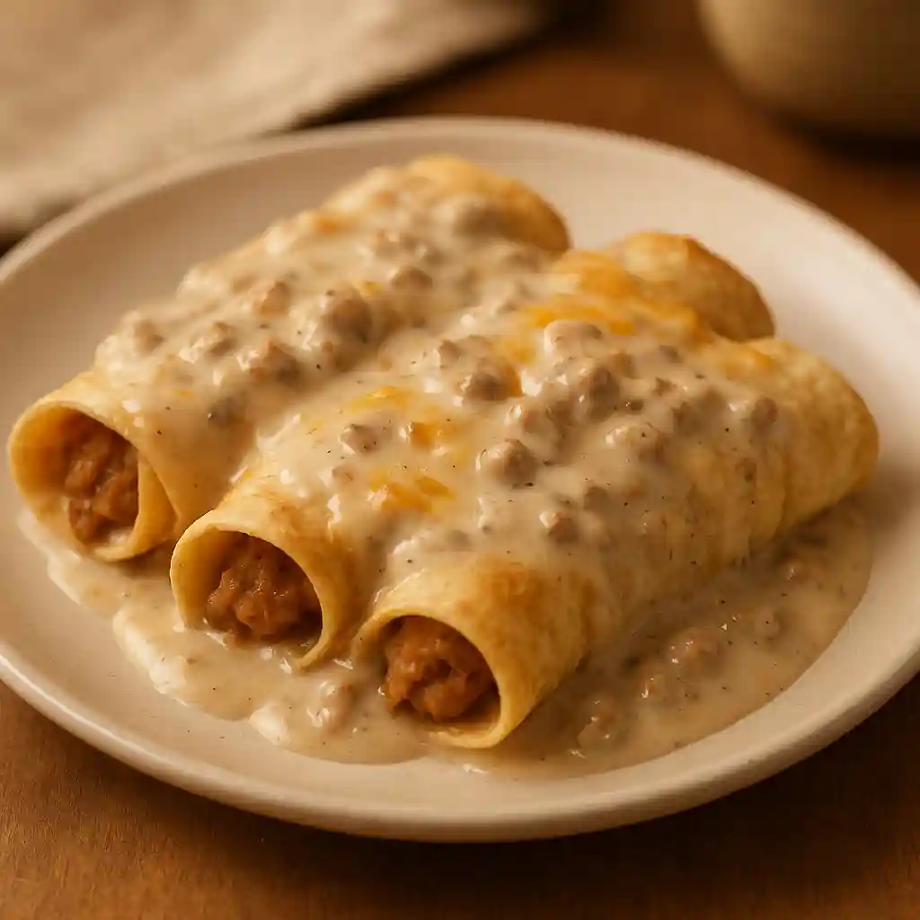 Delicious Breakfast Enchiladas with Sausage Gravy 1 Close-up of Delicious Breakfast Enchiladas with Sausage Gravy, creamy gravy and melted cheese on warm tortillas