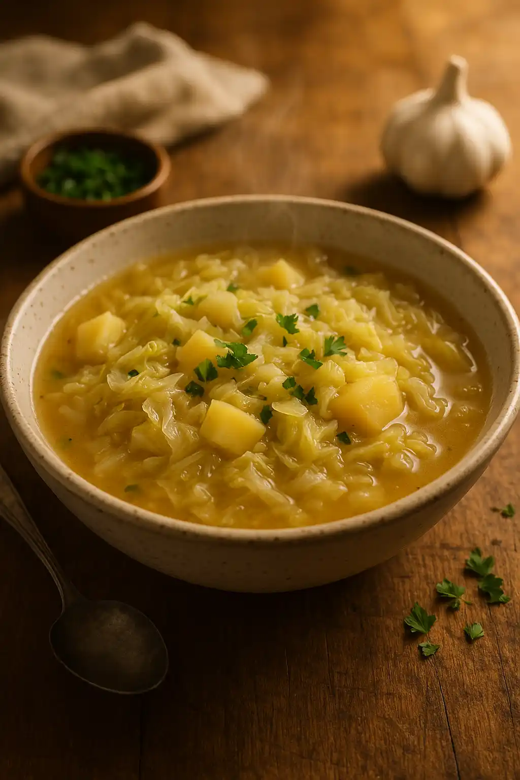 Close-up of garlicky cabbage soup in a cozy bowl, topped with parsley and showing tender cabbage and potatoes, a warm comforting family-style meal