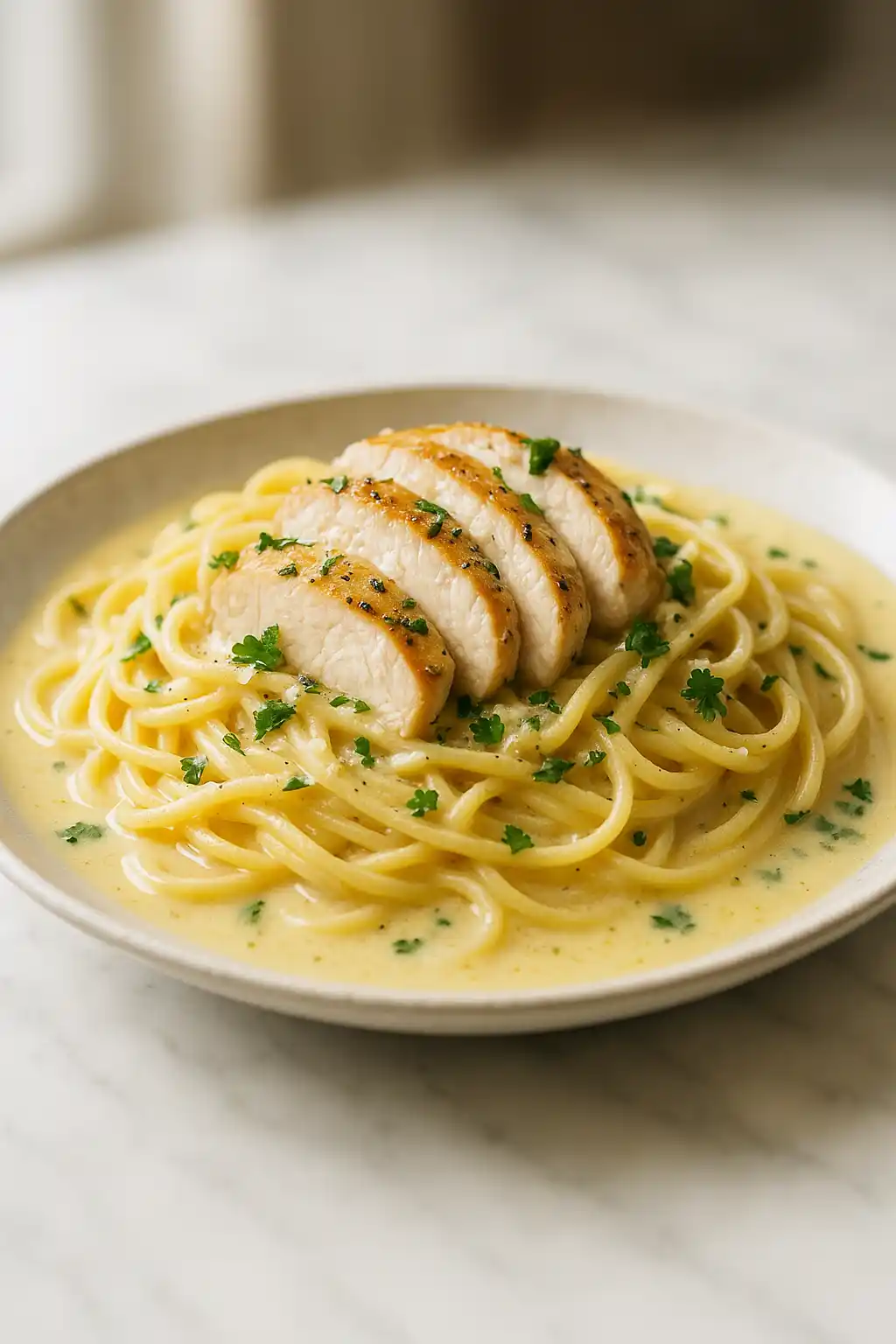 Creamy Italian Chicken Pasta (No Wine – Lemon Broth Version) plated with glossy lemon cream sauce and Parmesan