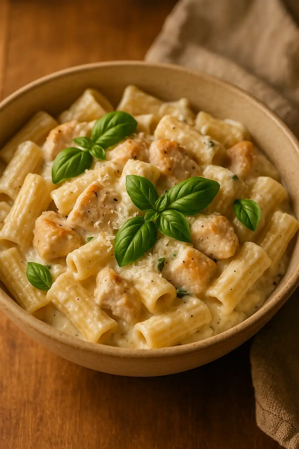 Creamy Ricotta Chicken Pasta in a warm bowl topped with fresh basil and Parmesan, cozy weeknight meal