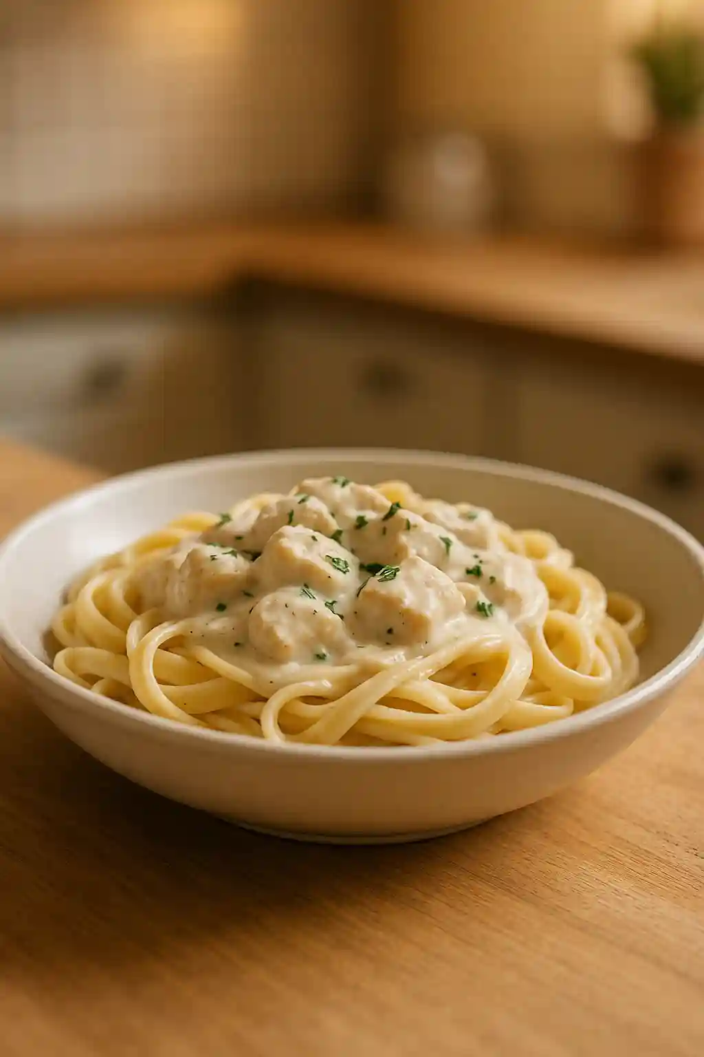 Creamy Dairy-Free Chicken Alfredo on pasta, garnished with parsley, warm home kitchen styling