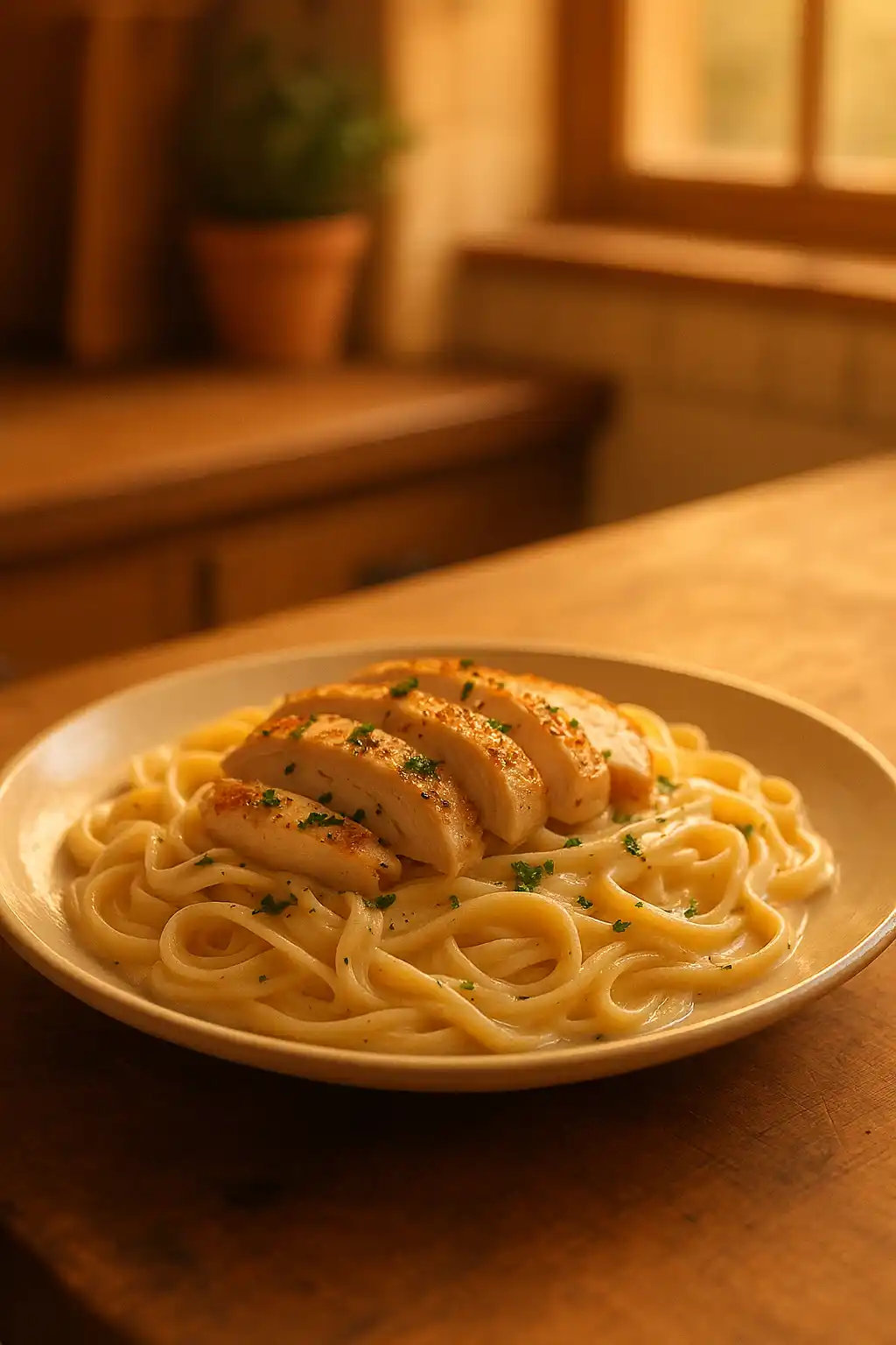 Creamy Chicken Alfredo Pasta on a plate, warm and comforting weeknight meal