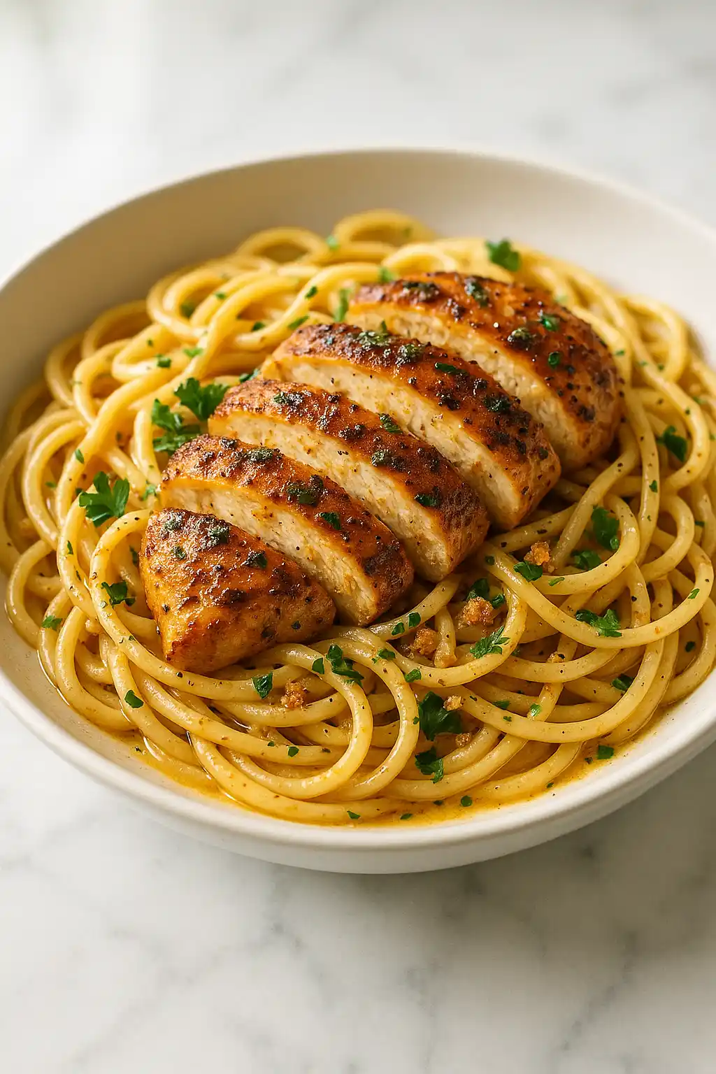 Cowboy Butter Chicken Pasta plated, creamy butter sauce with seared chicken and parsley