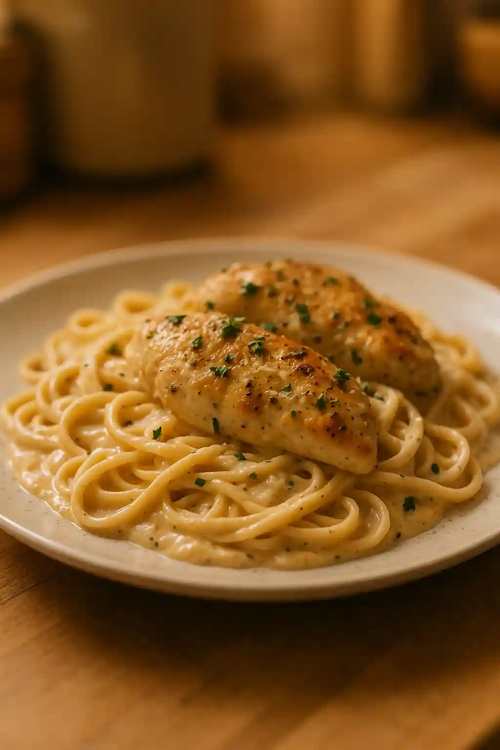 Creamy Garlic Parmesan Chicken Pasta on a white plate, close-up of creamy sauce and tender chicken