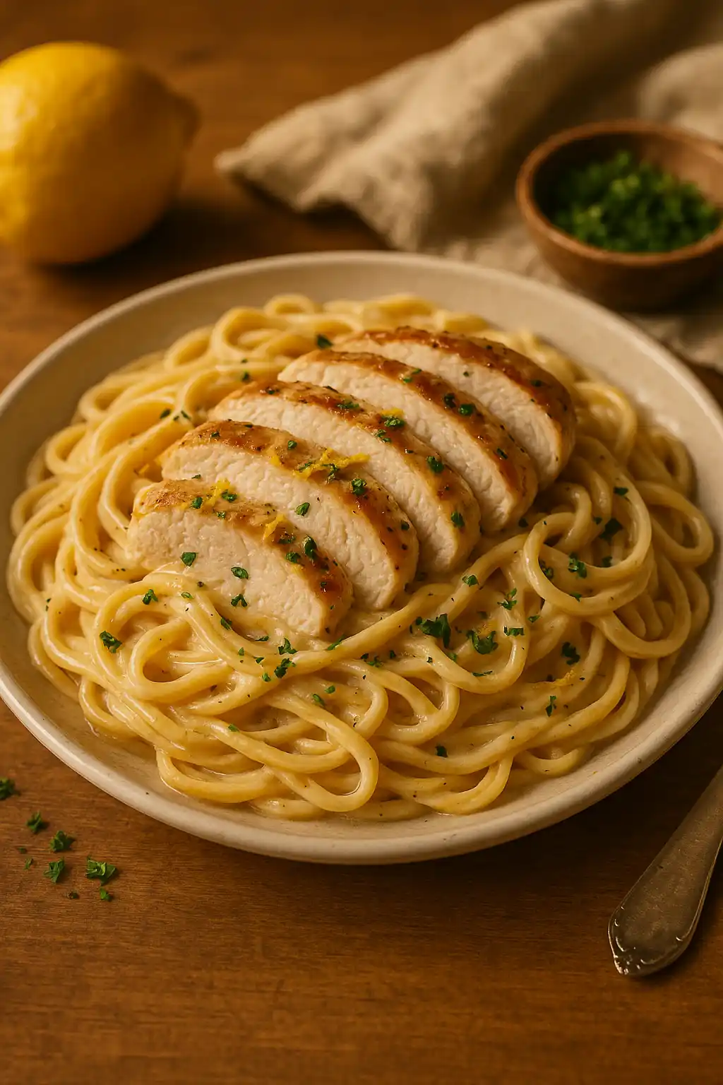Creamy Lemon Garlic Parmesan Chicken Pasta with lemon zest and parsley, a comforting family meal