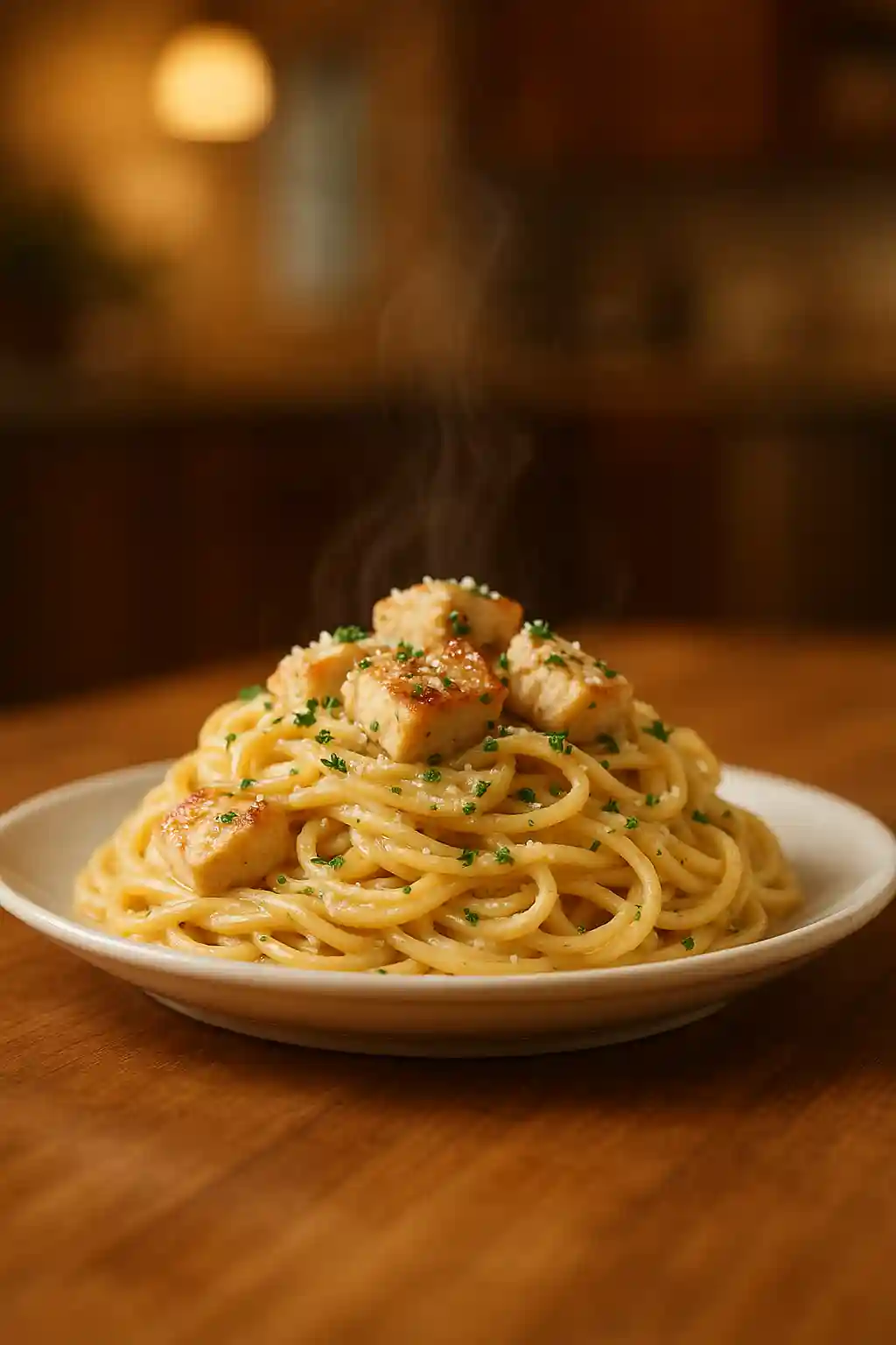 Creamy Garlic Parmesan Chicken Spaghetti on a white plate, garnished with parsley and grated Parmesan