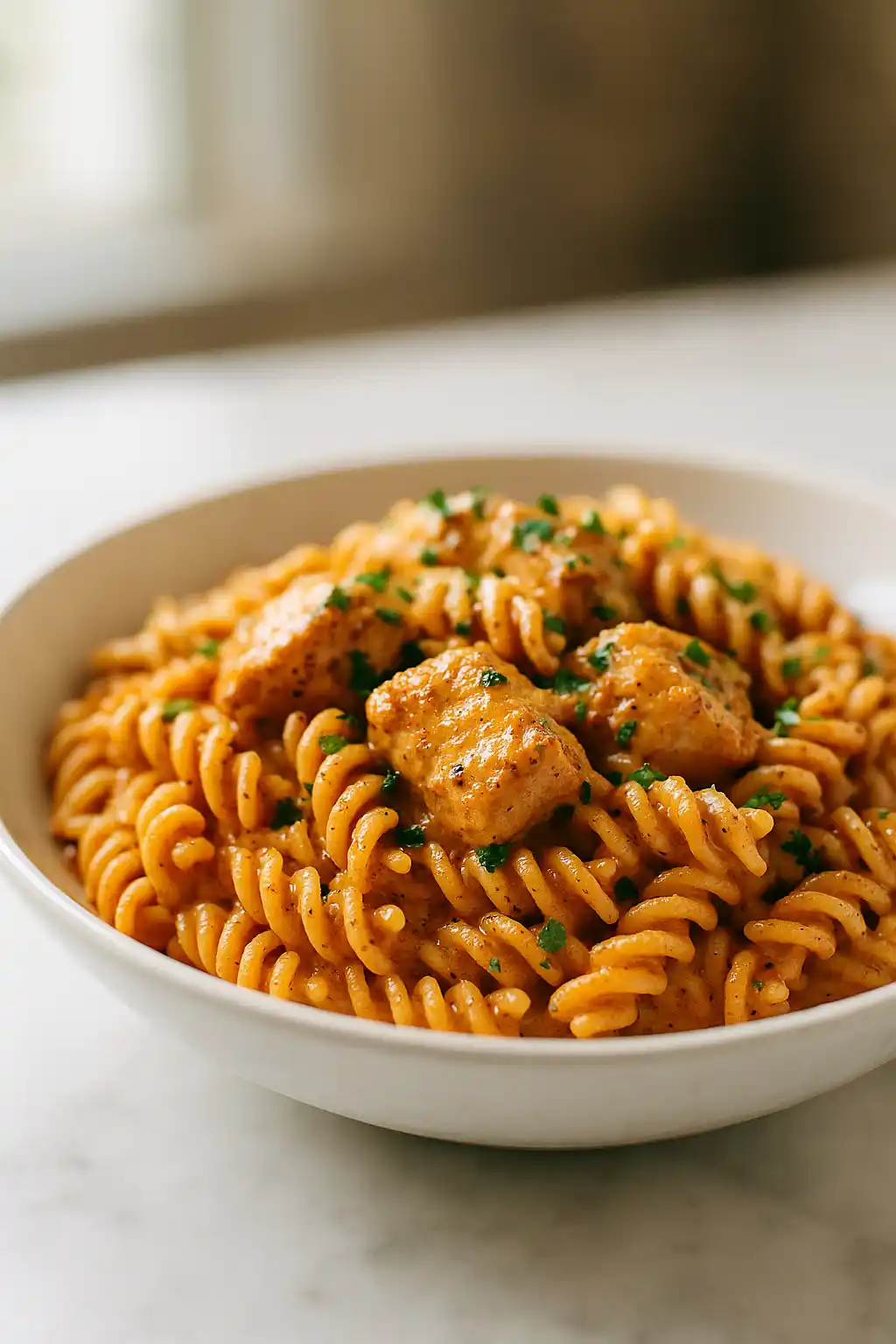 Creamy Paprika Chicken Pasta in a bowl with parsley, smoky paprika sauce and tender chicken