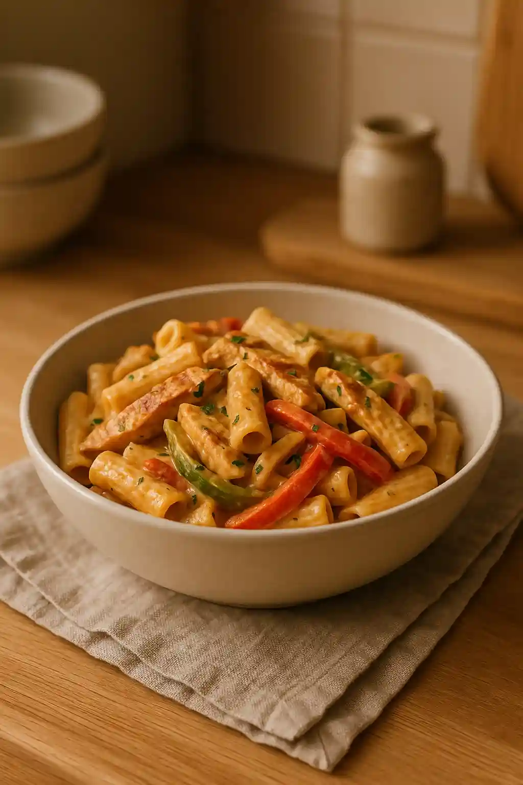 Creamy Chicken Fajita Pasta in a shallow bowl with peppers and melted cheese, warm home kitchen setting
