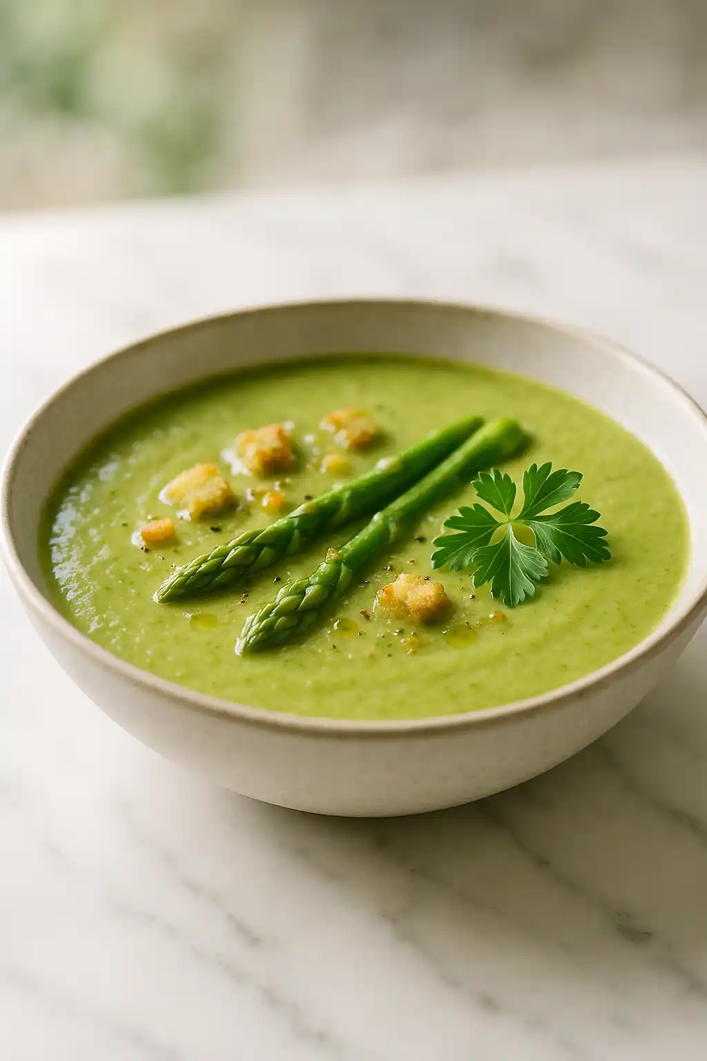 Creamy bowl of Asparagus Soup (Vegan Version) with fresh herbs and crusty bread, bright green and silky